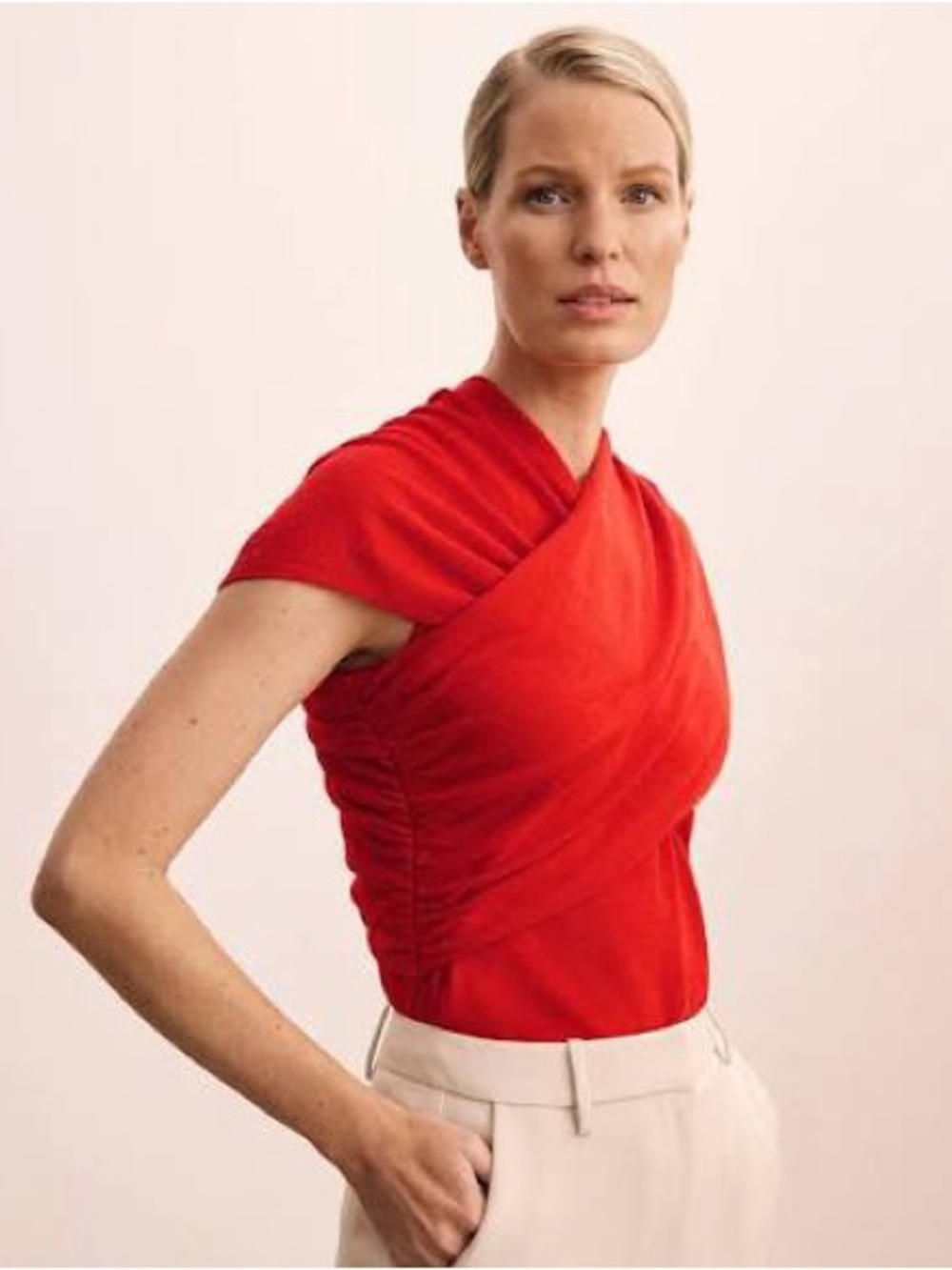 Elegant Red Draped Cap-Sleeve Camisole